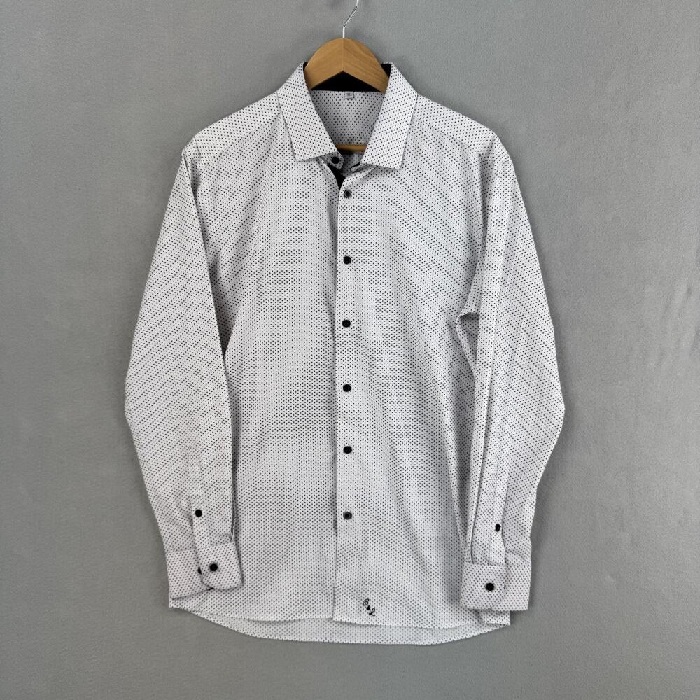 State & Liberty Shirt Mens XL White Polka Dot Long Sleeve Button Up Stretch